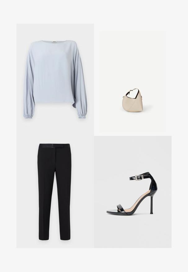 Lyseblå bluse med lange ærmer, brede, samlede manchetter og løs pasform, med rund halsudskæring og ensfarvet design.; Sorte bukser med en glat tekstur, lige snit og en satinlinning. Har minimal detaljering og ingen synlige mønstre eller accenter.; Sort højhælet sandal i laklæder med ankelrem. Har minimalistisk design, åben tå og spænde med rhinsten-detaljer.; Beige læder håndtaske i halvmåneform med en enkelt skulderrem og minimal syning, sat mod en ensartet hvid baggrund.