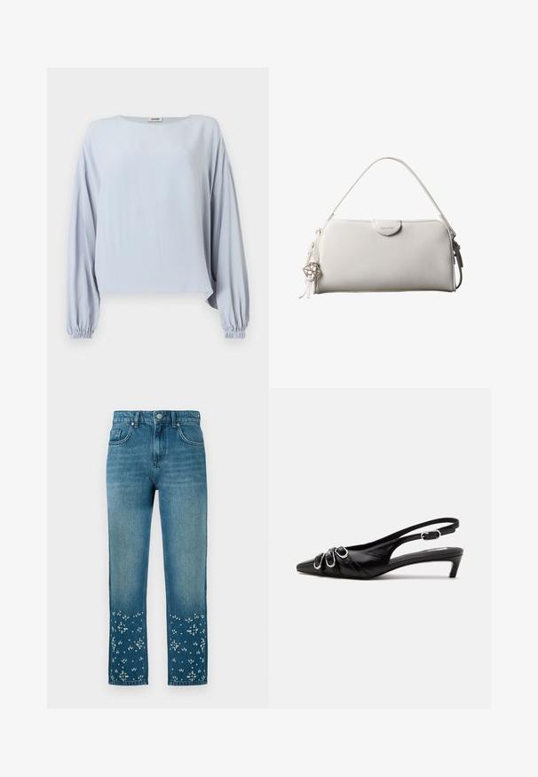 Lichtblauwe blouse met lange mouwen, brede geplooide manchetten en een losse pasvorm, met een ronde halslijn en een eenvoudig ontwerp.; Blauwe denim jeans met een rechte snit, voorzien van bloemborduursels en versieringen aan de onderkant en een vijfzakkenmodel.; Zwarte leren slingback schoen met puntige neus, drie zilveren gespen aan de voorkant en lage kittenhak op witte achtergrond.; Witte rechthoekige Calvin Klein handtas met enkele handgreep, minimalistisch ontwerp en decoratieve kwastjes met geometrische metalen hanger aan de zijkant.