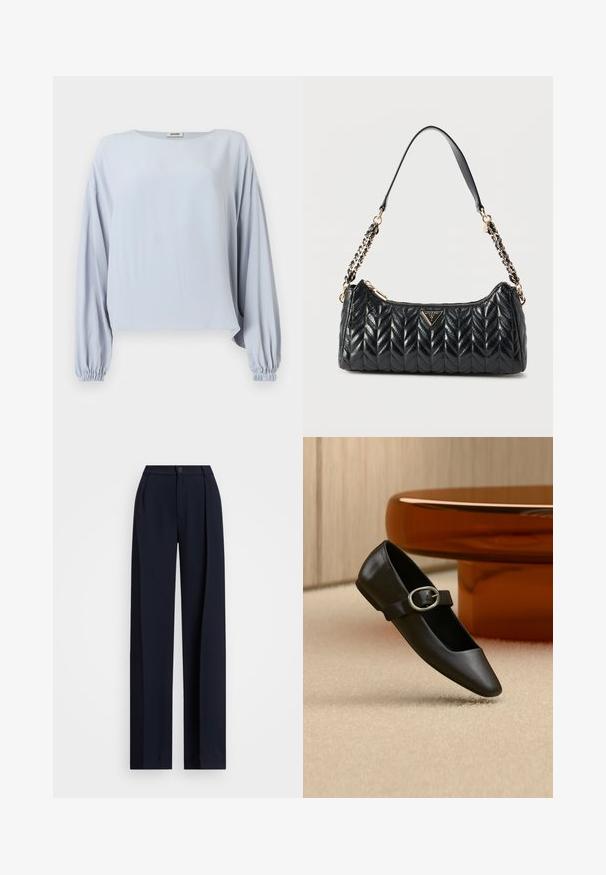 Blusa azul claro de manga larga con puños anchos fruncidos y ajuste holgado, que presenta un escote redondo y un diseño sencillo.; Pantalones de pierna ancha en color marino con pliegues, cierre de botón y una textura de tela suave. Diseñados para un ajuste suelto y cómodo.; Zapato plano Mary Jane de cuero negro con hebilla plateada, exhibido sobre una alfombra beige cerca de la base de una mesa redonda marrón.; Bolso de hombro de cuero negro acolchado con correas de cadena dorada y cremallera, con una placa triangular con el logo de Guess en la parte frontal.