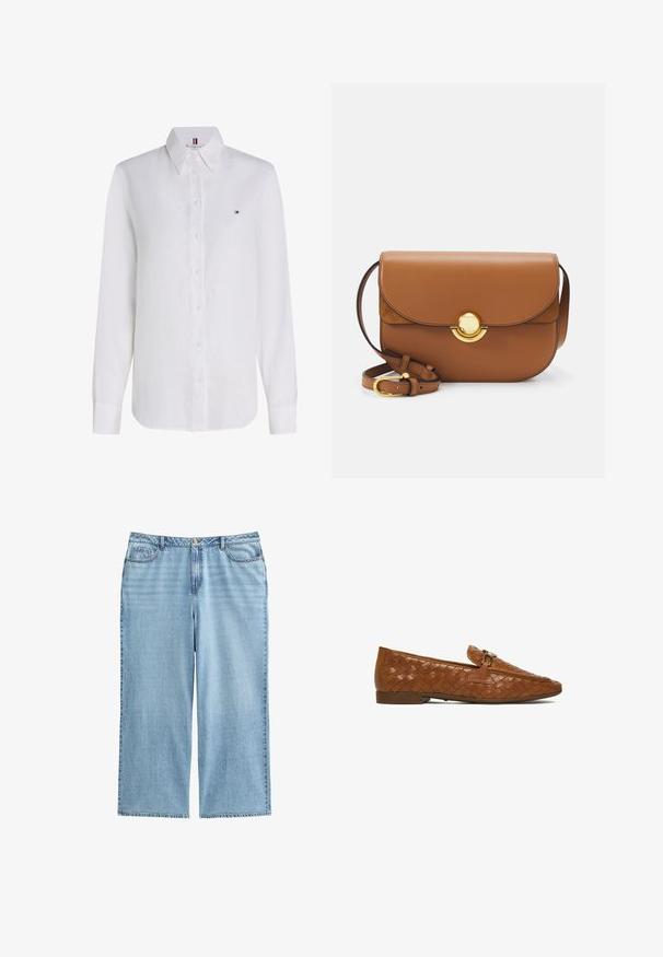 Witte lange mouwen blouse met knopen, spitse kraag en klein Tommy Hilfiger-logo op de linkerborst.; Lichtblauwe denim culottes met een hoge taille, brede benen en een vijf-pocket ontwerp met contrasterende stiksels en een knoopsluiting.; Bruine geweven leren loafer met lage hak en metalen gespdetail op het bovenwerk, zijaanzicht op een witte achtergrond.; Bruine leren schoudertas met ronde randen, magnetische flapsluiting en gouden hardware. Verstelbare schouderband voor veelzijdigheid.