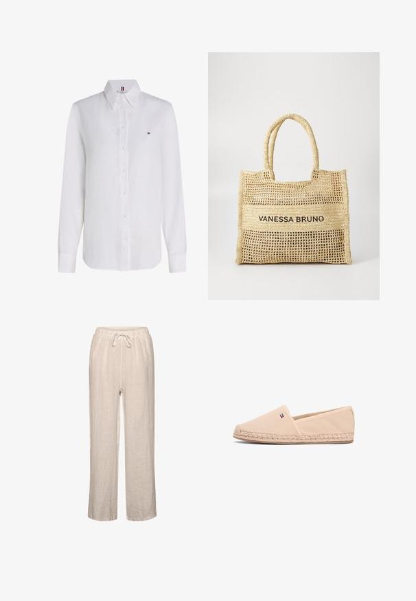 Camisa blanca de manga larga con cuello puntiagudo y pequeño logo de Tommy Hilfiger en el pecho izquierdo.; Pantalones de lino en beige claro con cintura elástica y cordón, que presentan un corte relajado y diseño de pierna recta.; Zapato tipo mocasín de lona beige con suela de yute tejido y un pequeño detalle de logotipo. Punta redonda, diseño minimalista y paneles laterales elásticos para un ajuste cómodo.; Bolso tote tejido en color beige con dos asas y "VANESSA BRUNO" impreso en negro sobre un panel tejido sólido en el centro.