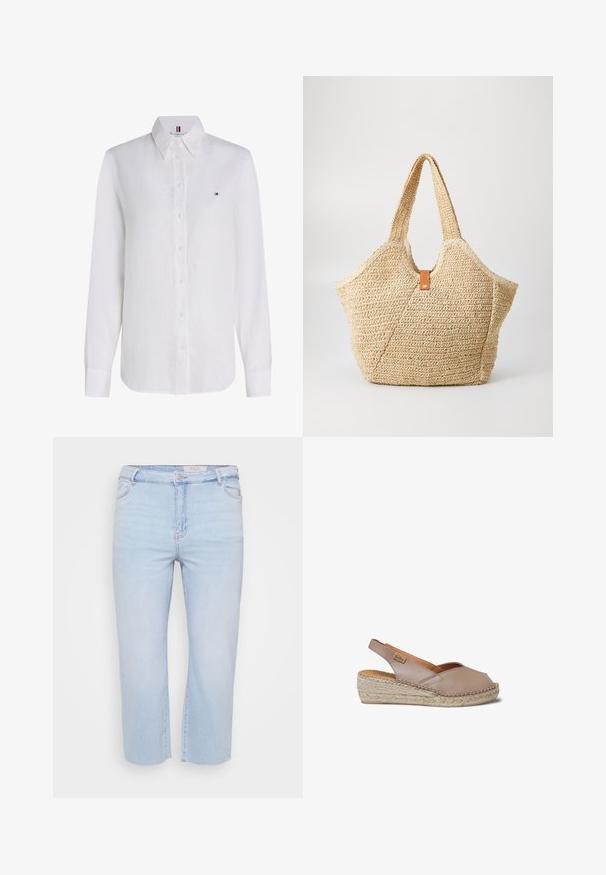 Hvid skjorte med lange ærmer og knapper, med spids krave og lille Tommy Hilfiger-logo på venstre bryst.; Lyseblå, cropped denim jeans med høj talje, frynsede kanter og et klassisk fem-lomme design. Lavet af blødt, strækbart materiale.; Beige læder kileespadrille med lukket tå, slingback-strop og flettet jutesål.; Stor stråtask med en tekstureret, beige yderside og to brede håndtag. Har et læderbånd som lukning.