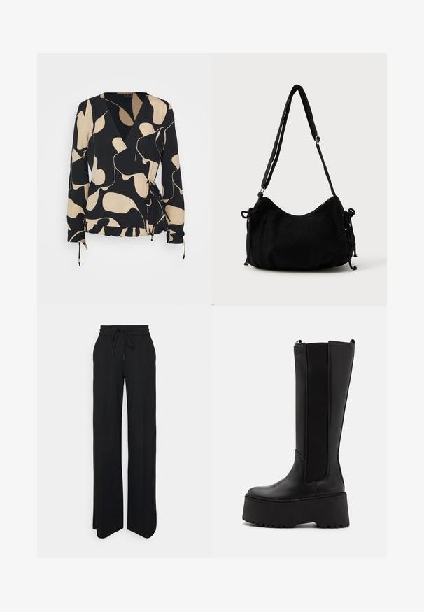 Wikkelblouse van zwarte stof met abstracte beige patronen, lange mouwen, een V-hals en een gefronste zoom met verstelbare strikjes in de taille.; Zwarte wijde pijpen broek gemaakt van zachte stof. Heeft een elastische tailleband met trekkoord, strakke lijnen en geen zichtbare patronen of accenten.; Zwarte kniehoge laars met een glad leren bovenwerk, elastische zijkanten en een dikke plateauzool met een profielonderkant.; Zwarte corduroy schoudertas met een gebogen vorm, een verstelbare schouderband en trekkoordsluitingen aan beide zijkanten voor maataanpassing.