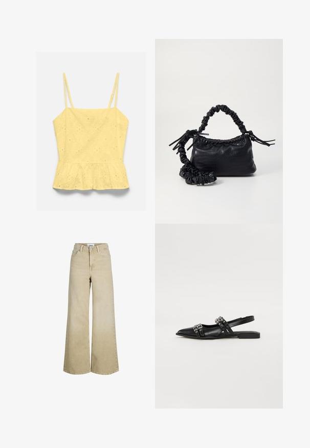 Haut jaune sans manches avec fines bretelles réglables, motif floral ajouré et ourlet volanté style peplum.; Jean beige à taille haute et jambes larges, avec bouton et fermeture éclair à l'avant, passants pour ceinture et poches avant.; Even&Odd Ballerines à brides arrière - black; Sac à main en simili cuir noir avec une texture crocodile, un dessus resserré et une sangle froncée. A l'apparence douce et compacte.