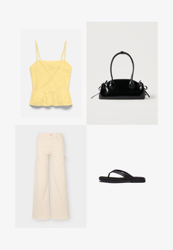 Geel mouwloos topje met dunne verstelbare bandjes, bloemig eyelet-patroon en geplooide peplumzoom.; Beige broek met wijde pijpen, voor- en achterzakken, riemlussen, knoopsluiting en een zijlusdetail op een effen achtergrond.; Zwarte flip-flops met een zacht rubberen zool en elegante synthetische banden. Het ontwerp bevat minimale hardware en heeft een laag profiel.; Kleine zwarte glanzende handtas met twee lange hengsels en zijkant trekkoord details op een effen lichte achtergrond.