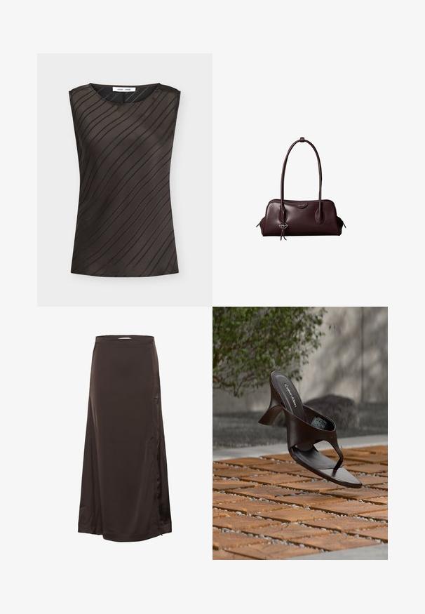 Top sin mangas de color marrón oscuro con rayas diagonales negras, escote redondo y etiqueta de la marca en el interior del cuello.; Larga falda de satén marrón oscuro con cintura entallada y sutil abertura lateral, textura suave y ligero brillo.; Sandalia de tiras con tacón marrón de Calvin Klein suspendida sobre suelo exterior de loseta de madera y grava, con fondo desenfocado de vegetación y piedras.; Bolso de mano de cuero marrón oscuro Calvin Klein con asas dobles largas y un pequeño colgante con el logotipo colgando de una de las asas.