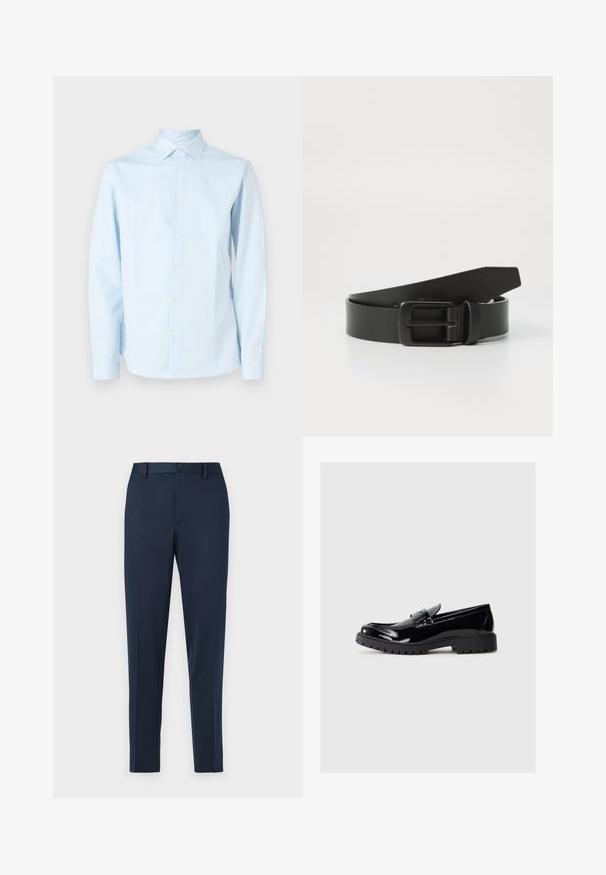 Camisa de manga larga a rayas azul claro hecha de algodón. Cuenta con cuello clásico, cierre frontal de botones y puños con pequeños botones.; Pantalones de vestir azul marino con corte recto, con cierre de botón y trabillas para el cinturón. Hechos de una tela suave y ligera.; Mocasines de charol negro con punta redondeada, correa decorativa y suela de goma gruesa con profundas ranuras para mayor tracción.; Cinturón de cuero negro con hebilla metálica negra mate, que presenta una textura suave y un diseño sencillo. Longitud ajustable con un extremo cónico.