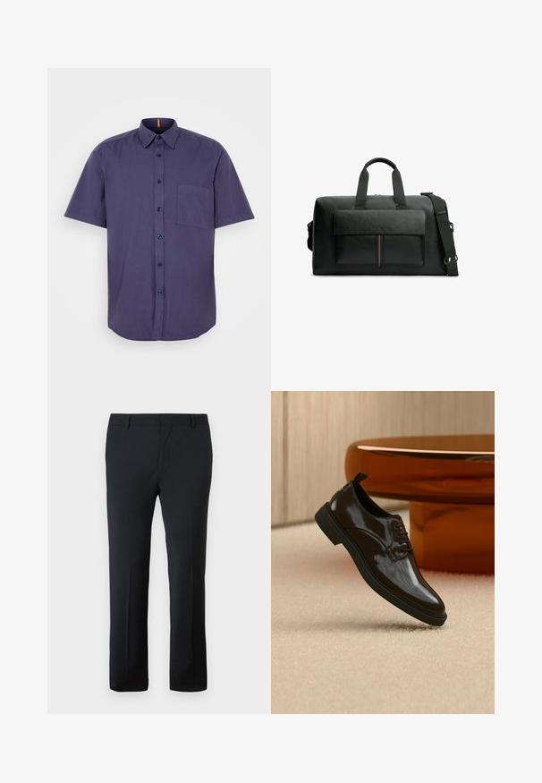 Kurzarmpoloshirt in Marineblau aus Baumwolle, mit einer Brusttasche und abgerundetem Saum. Hat dunkle Knöpfe und einen Kragen.; Schwarze maßgeschneiderte Hosen mit glatter Textur, geradem Bein, sicherem Bund und ohne sichtbare Muster oder Verzierungen.; Schwarzer glänzender Lederschnürschuh, der über einem beigen Teppich mit einem glänzenden braunen runden Tisch im Hintergrund schwebt.; Schwarze Sporttasche aus strukturiertem Leder mit zwei Griffen, einer Vordertasche mit Klappe und einem verstellbaren Schultergurt vor weißem Hintergrund.
