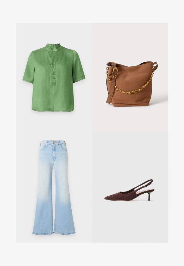 Grøn kortærmet skjorte med høj, flæset krave, knaplukning foran og glat tekstur. Lige snit med et afslappet design.; Lyseblå højtaljede denimjeans med brede, flared ben, frontknaplukning samt lommer foran og bagpå.; Brune ruskinds slingback sko med spids tå og en slank hæl. Har en justerbar rem med en metalspænde.; Brun ruskind bucket taske med guldkædedetalje og justerbar rem med guldlås på ensfarvet baggrund.