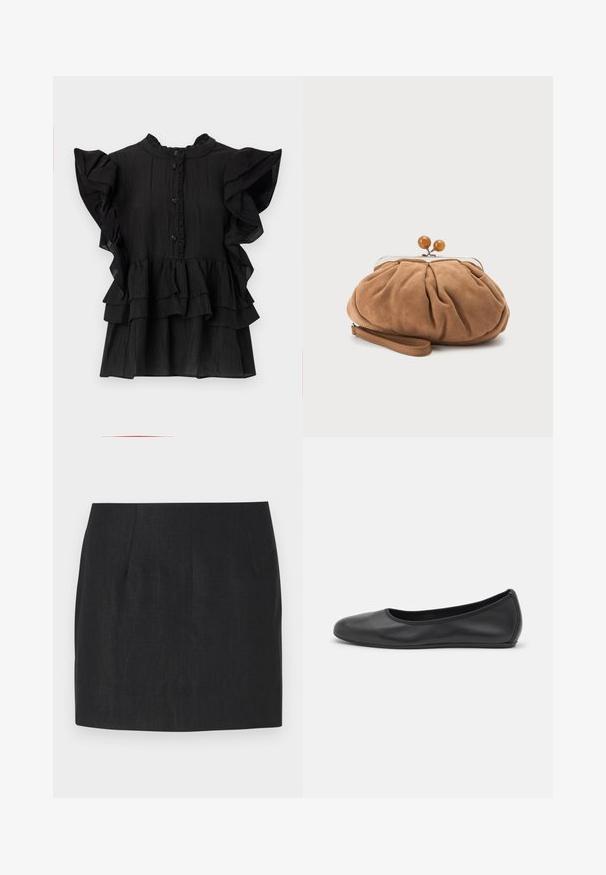 Blusa negra de manga corta con acentos de volantes, textura vertical y cierre de botón. Presenta un cuello alto y volantes en capas en el dobladillo.; Falda negra con un corte entallado, con pliegues y una tela suave y texturizada. El dobladillo es recto y tiene una longitud por encima de la rodilla.; Bailarina de piel negra con punta redondeada, textura suave, detalle de costura minimalista y diseño de suela flexible.; Pequeño bolso de mano marrón suave de ante con tela fruncida, cierre metálico, detalles de cuentas de madera y correa para la muñeca sobre fondo blanco.