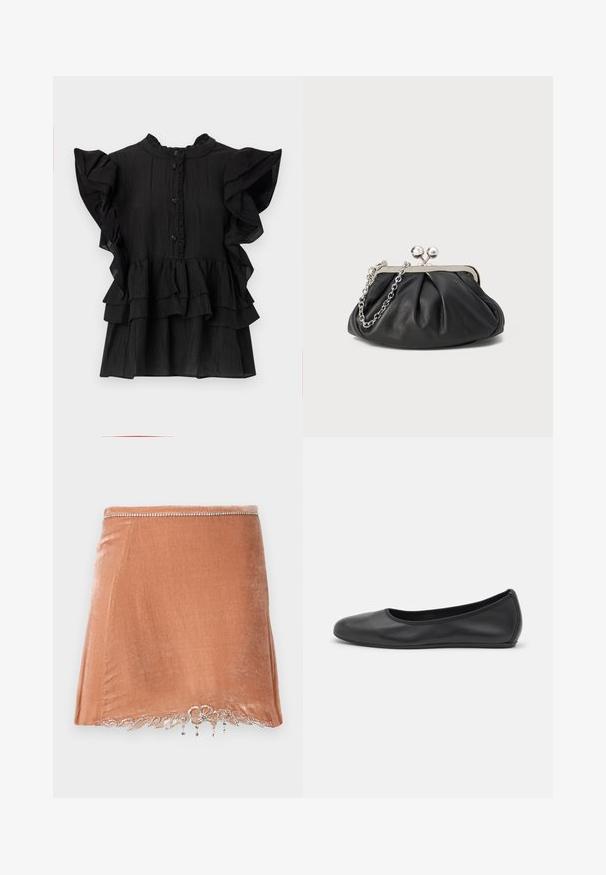 Sort bluse med korte ærmer, rynkede detaljer, lodret tekstur og knaplukning. Har høj halsudskæring og lagdelte flæser i kanten.; Rabanne Mini skirts - pink; Sort læderballetsko med rund tå, glat tekstur, minimal syning og et fleksibelt såldesign.; Sort læder clutch med samlet tekstur, sølvfarvet metalramme, kys-lås lukning og kædestrop. Glat, blød overflade.
