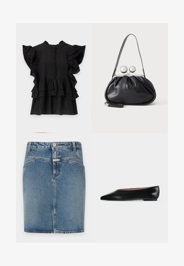 Blouse noire à manches courtes avec des accents froncés, texture verticale et fermeture par bouton. Présente un col haut et des volants superposés à l'ourlet.; Jupe en denim bleu clair, avec une coupe ajustée, un style cinq poches, une fermeture à boutons sur le devant et des détails de coutures visibles.; Chaussure plate en cuir noir pour femme, avec bout pointu et petit talon, vue de côté sur un fond gris clair uni.; Sac à main en cuir noir avec un design plissé, une sangle unique, un cadre métallique argenté et deux grandes fermoirs ronds en argent.