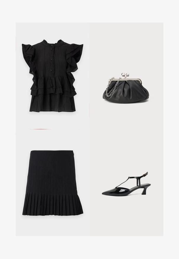 Blouse noire à manches courtes avec des accents froncés, texture verticale et fermeture par bouton. Présente un col haut et des volants superposés à l'ourlet.; Jupe plissée noire avec des panneaux diagonaux cousus, une taille cintrée et un ourlet évasé. Les matériaux semblent légers et lisses.; Chaussure slingback en cuir verni noir à bout pointu avec bride en T et petit talon bloc incliné sur fond blanc.; Porte-monnaie en cuir noir avec texture froncée, cadre en métal argenté, fermeture à verrouillage kiss-lock et bandoulière en chaîne. Surface lisse et douce.