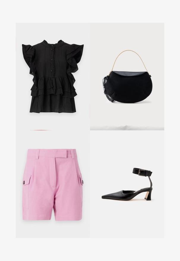 Blouse noire à manches courtes avec des accents froncés, texture verticale et fermeture par bouton. Présente un col haut et des volants superposés à l'ourlet.; Shorts rose clair avec un design ajusté, devant plat, poches latérales avec fermetures à bouton et une texture de tissu lisse.; Chaussure noire à bout pointu et talon bas, avec bride à la cheville et boucle, finition en cuir texturé, vue de l’intérieur sur fond uni.; Sac à main noir en forme de croissant avec rabat en cuir lisse, anse chaîne dorée et sangle en cuir noir réglable sur fond blanc.
