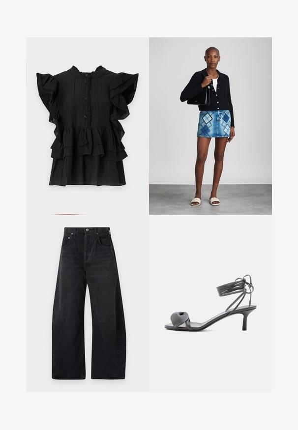 Sort bluse med korte ærmer, rynkede detaljer, lodret tekstur og knaplukning. Har høj halsudskæring og lagdelte flæser i kanten.; Citizens of Humanity HORSESHOE - Jeans Relaxed Fit - black; Grå læder sandal med hæl, knyttet rem ved tæerne og snørebånd, der vikles om anklen, på slank mellemhøj hæl mod hvid baggrund.; Sort striktrøje, hvid top, denimnederdel med blå og sort diamantmønster, sort håndtaske og beige slidesandaler.