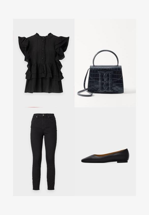 Zwarte blouse met korte mouwen, versierd met ruches, verticale textuur en een knoopsluiting. Heeft een hoge halslijn en gelaagde randen aan de onderkant.; Zwarte skinny jeans van denim met een hoge taille, voorzien van voorzakken, een knoopsluiting en subtiele stikdetails op de naden.; Zwarte leren puntschoen met lage hak en gladde afwerking, zijaanzicht op een lichtgrijze achtergrond.; Zwarte handtas van krokodillleer met een gestructureerd ontwerp, bovenhandvat, verstelbare schouderband en een opvallend voorlogo.