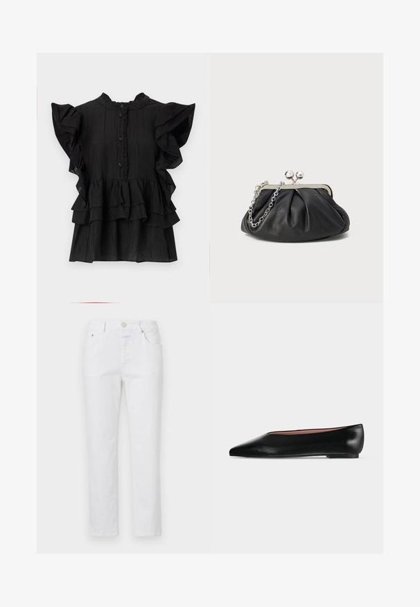 Schwarze Bluse mit kurzen Ärmeln, mit Rüschendetails, vertikaler Textur und einer Knopfleiste. Sie hat einen hohen Ausschnitt und gestufte Rüschen am Saum.; Weiße Jeans mit geradem Bein, fünf Taschen und einem Metallknopfverschluss. Verfügt über eine dezente Textur und helle Nähte.; Schwarzer flacher Damenleder-Schuh mit spitzer Kappe und niedrigem Absatz, von der Seite auf einfarbigem hellgrauem Hintergrund gezeigt.; Schwarze Leder-Clutch mit geraffter Textur, silberfarbener Metallrahmen, Druckverschluss und Kettenriemen. Glatte, weiche Oberfläche.