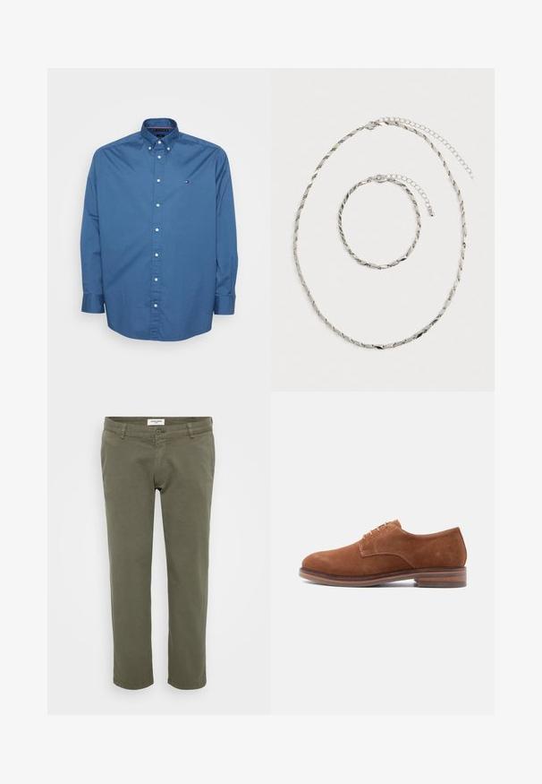 Chemise bleu à manches longues en coton avec un col pointu et des poignets à boutons. Elle présente un petit logo sur la poitrine gauche.; Chinos vert olive avec une coupe droite, fabriqués en coton avec une légère texture, dotés d'une fermeture à bouton et de passants de ceinture.; Chaussure habillée pour homme en daim marron avec lacets, talon empilé en bois et semelle en caoutchouc, présentée de profil sur fond blanc.; Collier en chaîne torsadée argentée et bracelet assorti avec fermoirs ajustables, posés à plat sur un fond blanc.