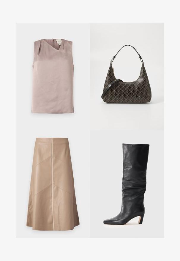 Ärmellose hellmalve Bluse mit V-Ausschnitt, Knopfverschluss hinten und dezent strukturierter Stoff, flach gefaltet auf weißem Hintergrund.; Beige Kunstleder A-Linien-Rock mit subtilen Paneldetails und glatter matter Oberfläche, knielang und hochgeschnitten.; Schwarze Lederstiefelette mit Absatz bis zur Mitte der Wade, leicht schlaffem Schaft und spitzem Fuß auf hellem Hintergrund.; Schwarzlederne Schultertasche mit einem wiederholenden beigen geometrischen Muster, goldener Reißverschluss und zwei verstellbaren Trägern auf einem weißen Hintergrund.