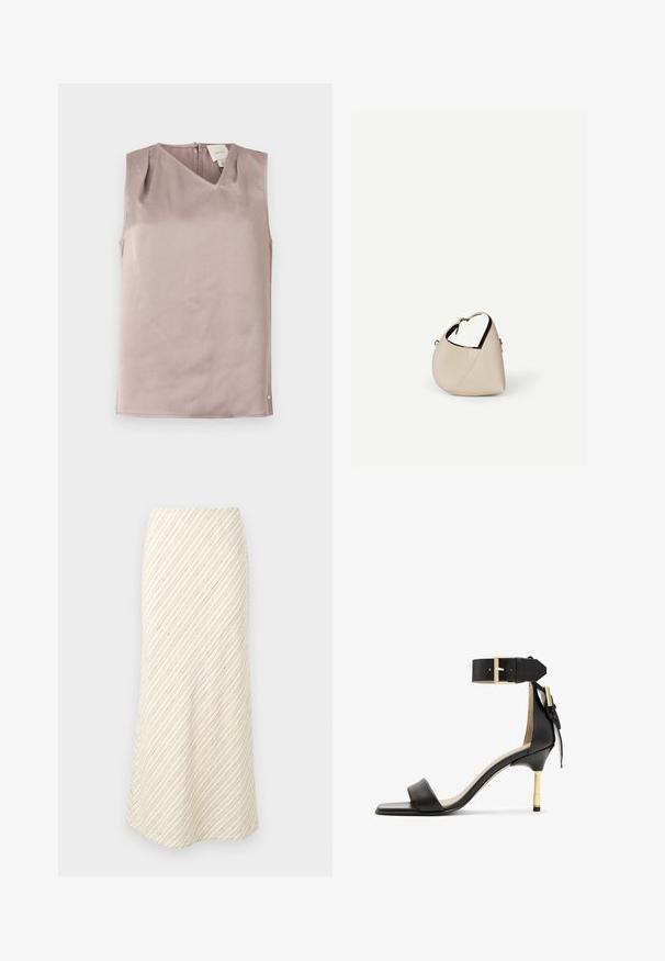Blouse sans manches rose mauve clair avec encolure en V, fermeture au dos par boutons et tissu subtilement texturé, pliée à plat sur un fond blanc.; Jupe midi couleur crème avec un motif à rayures diagonales marron. Dispose d'une taille ajustée et d'un tissu doux avec une texture lisse.; Sandale à talon en cuir noir avec un bout carré, une bride de cheville dotée d'une boucle en or et un talon métallique fin. Texture lisse, design minimaliste.; Sac à main en cuir beige en forme de croissant avec une seule bandoulière et des coutures minimalistes, posé sur un fond blanc uni.