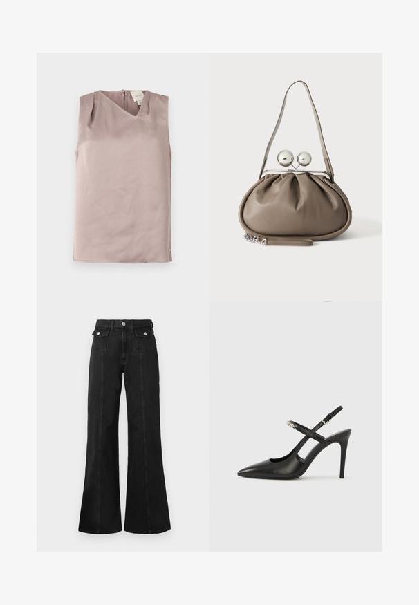 Ärmeløs lys mauve bluse med V-hals, knaplukning i ryggen og subtilt tekstureret stof, foldet fladt på en hvid baggrund.; Sorte denim flared jeans med høj talje, der har to frontlommer, hardware i sølv-tone og synlige sømdetaljer foran.; Sorte læder slingback-højhæle med spids tå, udskåret design og justerbar rem med metalhardware.; Grå læderhåndtaske med rundet form, toplås med to store sølvkugler og en enkelt strop.