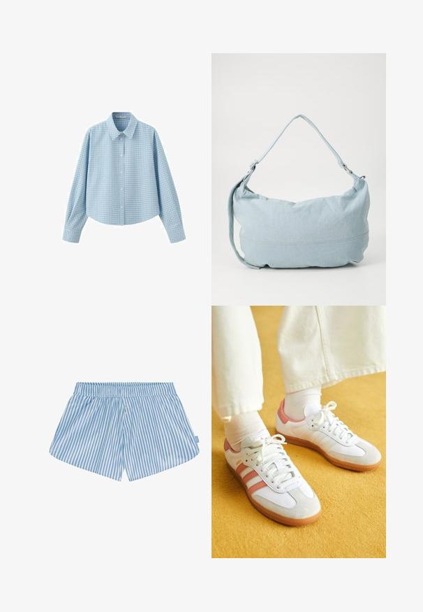 Lichtblauw, overhemd met lange mouwen en knopen, met een subtiel rasterpatroon en een klassieke kraag, afgebeeld op een witte achtergrond.; Blauwe en witte gestreepte shorts met een elastische tailleband, twee knopen aan de voorkant en een relaxte pasvorm. De stof lijkt glad met een lichtgewicht textuur.; Witte sportschoenen met roze accenten, gemaakt van suede en leer, met een ronde neus en een rubberen zool, weergegeven met lichtgekleurde sokken op een gele achtergrond.; Lichtblauwe denim schoudertas met een ronde vorm, verstelbare schouderband en subtiele stiksels langs de onderrand. Zachte textuur.