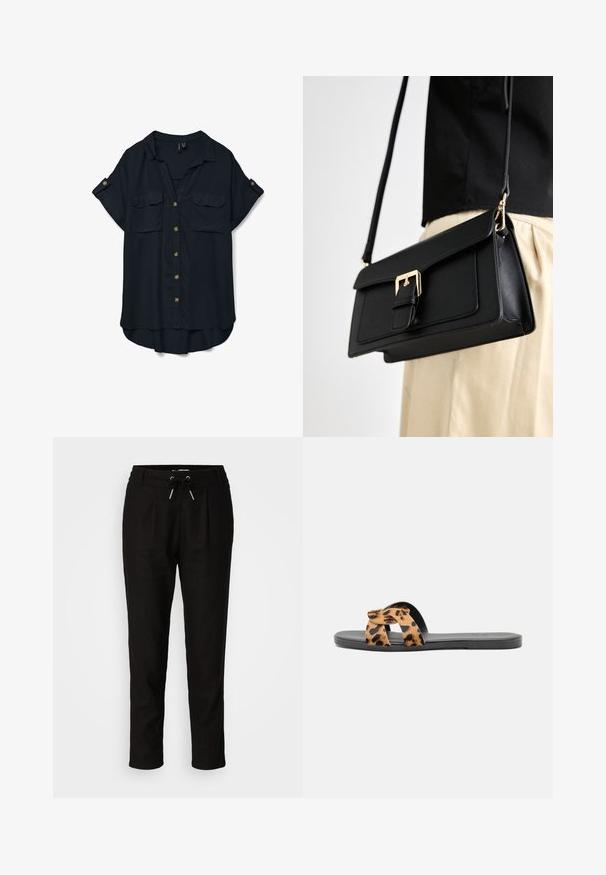 Camisa negra de manga corta con botones, cuello, dos bolsillos en el pecho y tiras de botón para arremangar las mangas.; Pantalones negros ajustados hechos de una tela ligera. Cuentan con una cintura elástica con cordón, pliegues laterales y tobillos acampanados.; Sandalia deslizante de estampado de leopardo con un diseño de tira cruzada, suela negra, textura suave y material blando, ideal para uso casual.; Bolso de mano de cuero sintético negro con cierre de hebilla en tono dorado, diseño plano y correa ajustable, exhibido sobre un fondo claro.