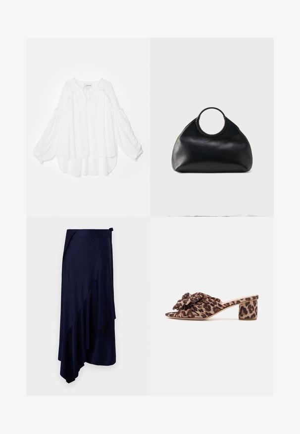Blouse blanche au design ample et superposé. Présente des manches longues et flottantes ainsi qu'une finition texturée le long du col et de l'ourlet. Tissu doux.; Rabanne Jupe crayon - deep navy; Mules à talons en imprimé léopard avec un dessus plissé et un accent floral. Design à bout ouvert et un talon moyen épais avec un motif texturé.; Sac à main en cuir noir de forme arrondie avec une anse supérieure circulaire enveloppée de couture en cuir assorti.