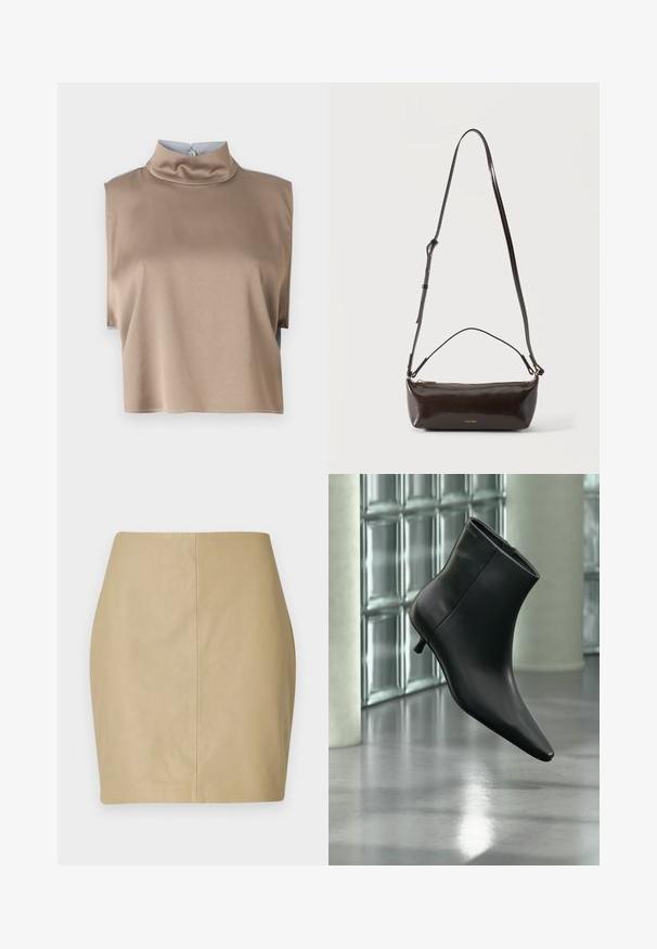 Geknipt top in zachte taupe stof met een hoge kraag en korte mouwen, voorzien van een knoopsluiting aan de achterkant en een nette zoom.; Beige leren minirok met een aansluitend ontwerp, een gladde textuur en een centrale naad die verticaal langs de achterkant loopt.; Zwarte leren enkellaars met spits toelopende neus en lage kittenhak, schuin weergegeven tegen een gepolijste vloer en een glazen blokken muur als achtergrond.; Kleine glanzende donkerbruine leren schoudertas met verstelbare riem, bovenhandvat en gouden ritssluiting.