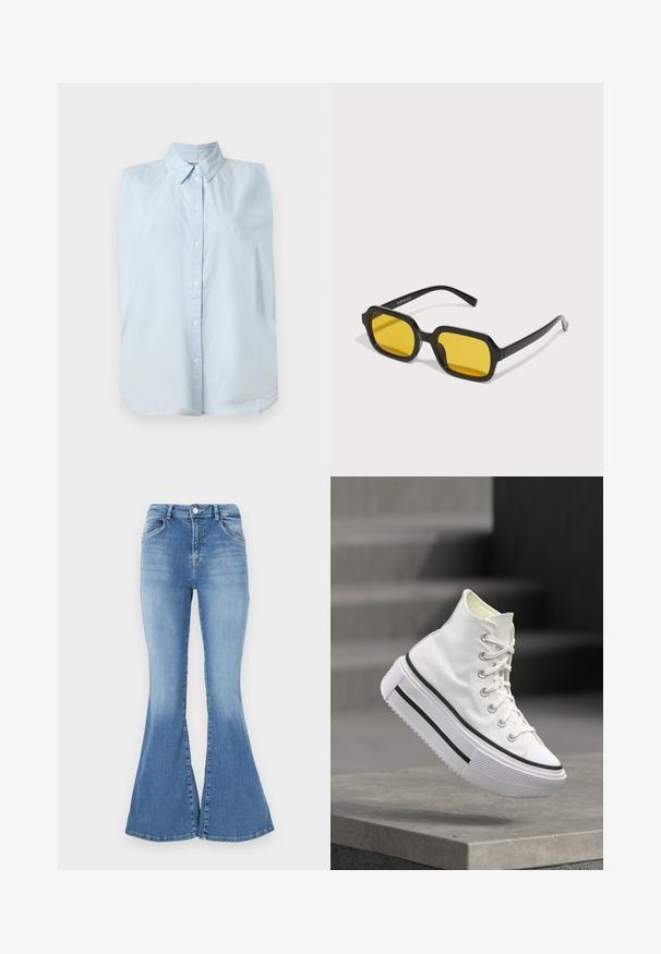 Camisa sin mangas azul claro con botones y finas rayas verticales blancas, con cuello puntiagudo, mostrada sobre un fondo liso.; Jeans de mezclilla azules acampanados con cintura alta, diseño de cinco bolsillos y un leve desgaste. Presentan un cierre de botón y trabillas para cinturón.; Zapatilla blanca de caña alta con suela gruesa de plataforma y franja negra, flotando sobre un escalón de hormigón en un entorno exterior.; Gafas de sol negras rectangulares con lentes amarillos. Presentan montura gruesa y un diseño angular con un acabado liso y brillante.