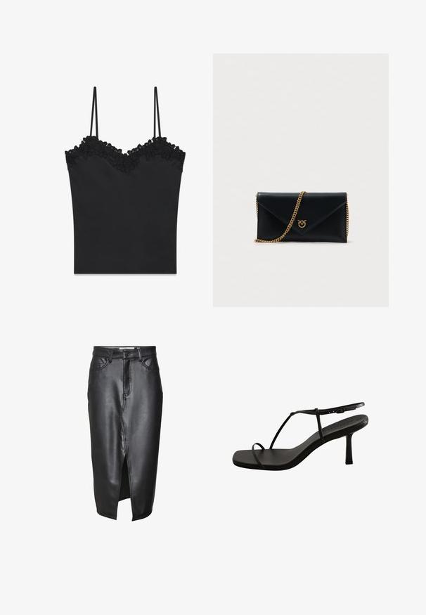 Sort camisole top med tynde stropper og blomstret blondekant langs V-udskæringen og den øverste kant.; Sorte lædernederdel med en mellemlang design, der har en frontslids, klassiske bæltesløjfer og syede detaljer langs sømmene.; Sort hvid sandal med firkantet tå og tynde stropper. Har en tilspidset, mellem-høj hæl og en glat, mat finish.; Sort læderkuvert clutch med guldkæde og guldlogo-emblem. Har en glat tekstur og en struktureret form.