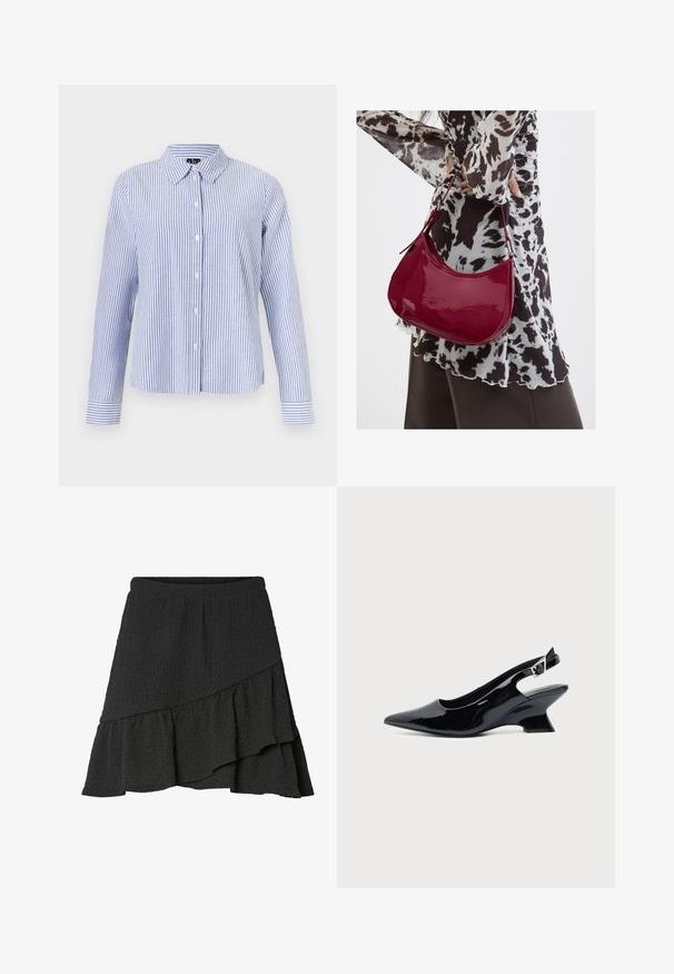 Chemise à manches longues boutonnée, avec des rayures verticales blanches et bleu clair et un col pointu, présentée sur un fond uni.; Jupe portefeuille noire à texture, avec ourlet asymétrique à volants et taille élastique.; Chaussure slingback en cuir verni noir avec bout pointu et petit talon bloc incliné sur fond clair uni.; Femme portant un chemisier à motif noir et blanc tenant un sac à main rouge brillant sur un fond uni.