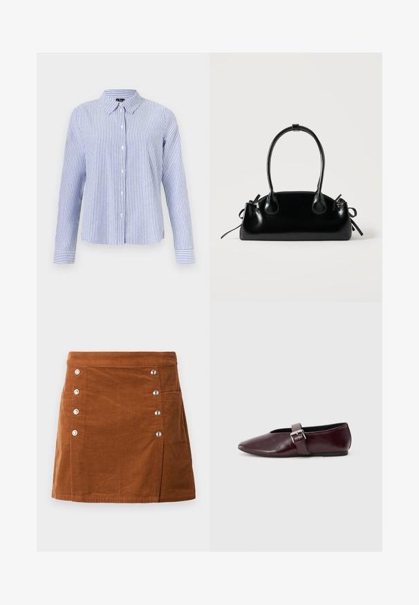 Chemise à manches longues boutonnée, avec des rayures verticales blanches et bleu clair et un col pointu, présentée sur un fond uni.; Jupe en velours côtelé marron avec une taille ajustée, cinq boutons métalliques sur le côté gauche et deux poches avant. Texture lisse avec des côtes verticales.; Ballerines en cuir bordeaux avec un bout pointu, une semelle plate et une sangle décorative avec boucle sur le cou-de-pied. Texture lisse et brillante.; Petit sac à main noir brillant avec deux longues anses et des détails à cordon sur les côtés sur un fond clair uni.