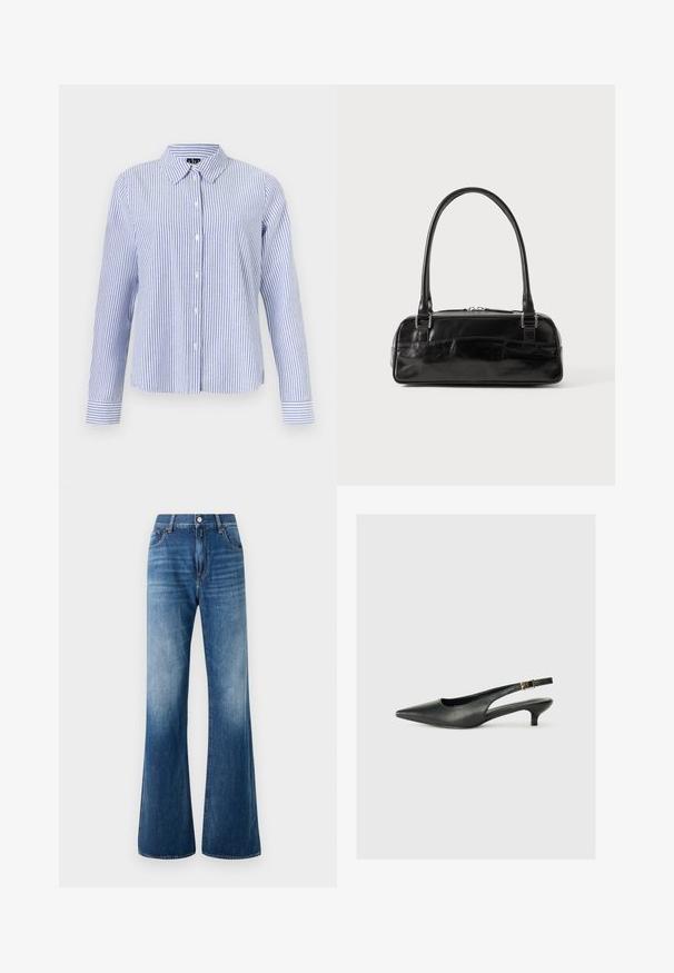 Overhemd met lange mouwen en knopen, met witte en lichtblauwe verticale strepen en een puntige kraag, weergegeven op een effen achtergrond.; Uitlopende blauwe denim jeans met een vervaagde wassing, vijf zakken, ceintuurlussen en een sluiting met een knoop aan de voorkant. Soepele textuur en klassieke snit.; Zwarte puntschoen met slingback van soepel leer. Kenmerkt zich door een dunne hak en een gespdetail op de verstelbare band.; Zwarte leren handtas met een rechthoekige vorm, voorzien van een enkele gestructureerde handgreep, zilveren hardware en ritsluiting. Gladde textuur.