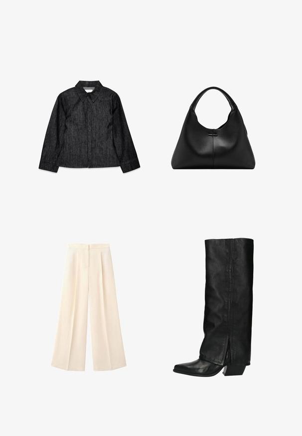 Zwarte denim blouse met lange mouwen, een klassieke puntkraag, sluiting met knopen aan de voorkant en rechte snit. Bevat subtiele textuur en minimale stiksels.; Creme kleurige broek met een hoge taille, wijde pijpen, voorplooien en een verborgen knoop- en ritsluiting.; Hoge zwarte leren laarzen met een vierkante neus en een blokhak. Heeft een gladde textuur en een split aan de achterkant voor extra detail.; Zwarte handtas van getextureerd leer met een enkele gebogen handgreep en een brede, halve maanvormige body.