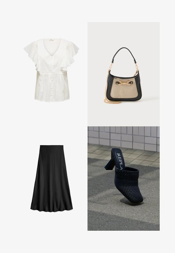Blusa blanca con mangas cortas con volantes, escote en V profundo, cierre frontal de botones y bordado floral en el cuerpo. Tela ligera.; Falda negra de satén en línea A con textura suave y dobladillo fluido, hasta la rodilla, mostrada sobre un fondo blanco.; Zapato mule tejido negro con tacón cuadrado y tacón bloque, mostrando "REPLA" impreso en el interior, colocado sobre una superficie de baldosas al aire libre y asfalto.; Bolso pequeño beige y negro con cadena dorada como asa y detalle metálico dorado en el frente, sobre un fondo claro y liso.