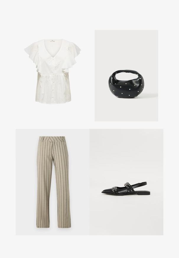 Witte blouse met korte, geplooide mouwen, een diepe V-hals, knoopsluiting aan de voorkant en bloemrijke borduursels op het lijfje. Lichtgewicht stof.; Beige gestreepte wijde broek, gemaakt van lichtgewicht stof, met een hoge taille en een rechte pasvorm, voorzien van zijzakken.; Even&Odd Slingback ballerina´s - black; Zwarte leren handtas met een afgeronde vorm, versierd met zilveren studs, en een korte handgreep. Gladde textuur en ritsluiting.