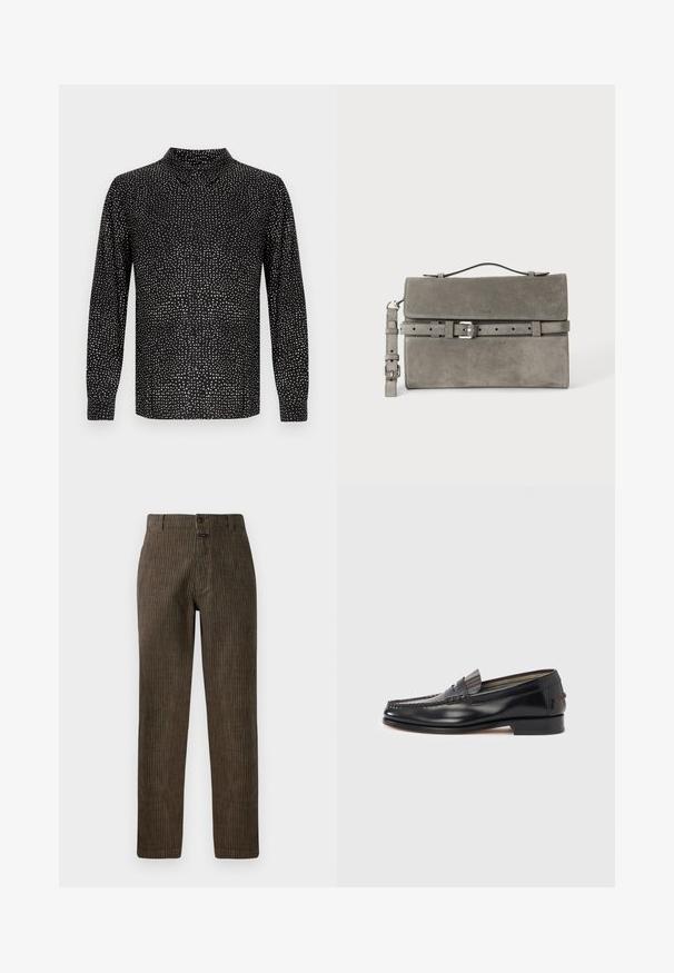 Chemise noire à manches longues avec un col montant, une fermeture à boutons sur le devant et un motif à pois blancs répartis sur toute la surface. Tissu lisse avec une coupe décontractée.; Pantalons en velours côtelé marron avec des rayures verticales, une coupe droite et une fermeture à bouton à l'avant. Texture lisse avec un design classique.; Mocassins en cuir noir avec un design de style mocassin, présentant une bande décorative et un détail de couture sur le dessus. Talon bloc bas.; Pochette rectangulaire en daim gris avec poignée supérieure, bandoulière détachable et détail de ceinture à boucle argentée sur le rabat avant.