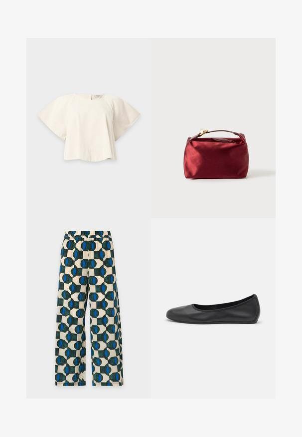 Blouse crème à manches courtes, manches larges et col rond, posée à plat sur un fond gris clair.; Pantalon à jambes larges avec taille élastique, présentant un motif géométrique bleu et vert foncé sur fond beige.; Ballerines en cuir noir avec un bout rond, texture lisse, détails de couture minimalistes et design de semelle flexible.; Trousse de maquillage en satin bourgogne de forme rectangulaire, avec fermeture éclair et une poignée courte. Présente un design minimaliste et une texture lisse.
