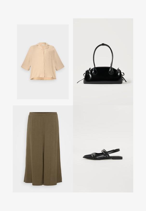 Beige, locker sitzendes, strukturiertes Hemd mit Knöpfen, halblangen Ärmeln, kleinem Kragen und einer einzelnen Brusttasche, auf einem schlichten Hintergrund gezeigt.; Olivegrüne weit geschnittene Hose aus leichtem Stoff. Mit einem elastischen Bund und einem lockeren Schnitt, der eine glatte, fließende Textur aufweist.; Even&Odd Sling-Ballerina - black; Kleine schwarze glänzende Handtasche mit zwei langen Griffen und seitlichen Kordelzug-Details vor einfachem hellem Hintergrund.