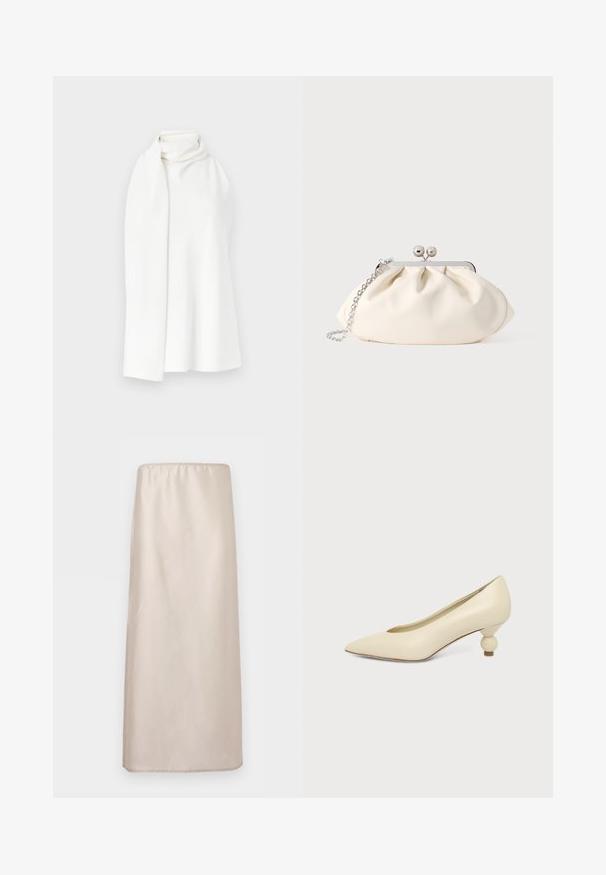 Écharpe blanche, texture douce et lisse, avec un design drapé et un col montant. Aucun motif ni ornement présent.; Jupe midi beige droite avec taille élastique, texture lisse et détails discrets de coutures sur fond blanc.; Chaussure femme couleur crème à bout pointu avec un petit talon rond en forme de boule, sur fond uni.; Pochette en tissu crème avec un design froncé, cadre en métal argenté, deux boules décoratives, et une bandoulière chaîne argentée.