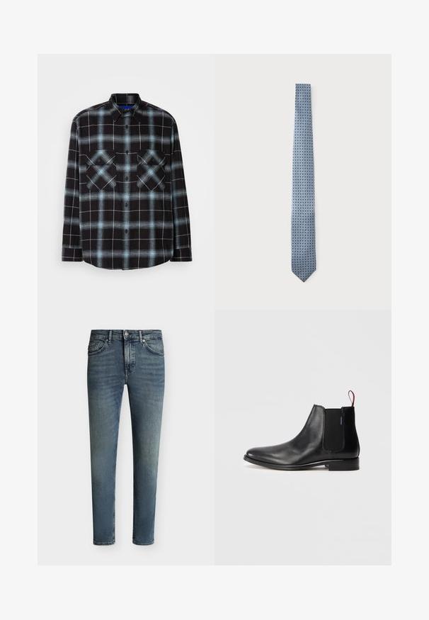 Sort og lyseblå ternet flannel skjorte med lange ærmer, knaplukning fortil, krave og to brystlommer med flap-lukning.; Blåslidte skinny jeans med fem lommer og lukning med knap og lynlås på ensfarvet baggrund.; Sort læder Chelsea-boot med elastisk sidelapel og en rød trækstrop bagpå, vist på en neutral hvid baggrund.; Lyseblåt slips med et lille gentagende kvadratisk mønster i marineblåt og hvidt, lagt fladt på en ensfarvet hvid baggrund.