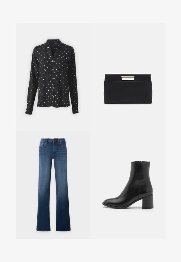 Sort langærmet skjorte med hvide prikker, to brystlommer og detaljer med guldknapper foran. Glat stof tekstur.; Blå højtaljede, lige ben jeans med knap- og lynlåslukning, for- og baglommer, vist på en ensfarvet lys baggrund.; Sort læder ankelstøvle med rund tå, medium højde blokhæl og en glat finish. Har en diskret sidelukning.; Sort læder clutch taske med rektangulær form. Har et metalhåndtagsaccent ved lukningen, glat tekstur og minimalistisk design.