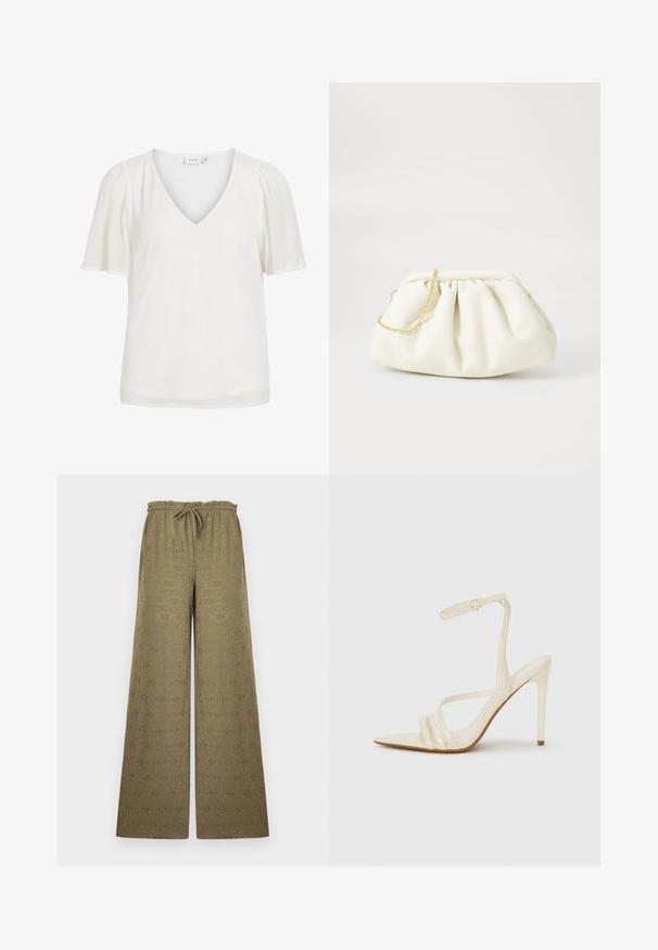Blouse blanche à col en V avec manches courtes bouffantes en tissu léger, présentant un design simple et élégant.; Pantalon kaki à jambes larges avec motif à œillets, taille élastique et cordon, présenté sur un fond clair uni.; Sandales à talons hauts beiges avec un bout pointu, comportant trois brides à l'avant et une fine bride à la cheville avec une boucle. Texture lisse, design minimaliste.; Sac à main en cuir blanc avec un design plissé, doté d'une bandoulière en chaîne dorée et d'une forme arrondie. Texture lisse avec des plis doux et sans motifs.