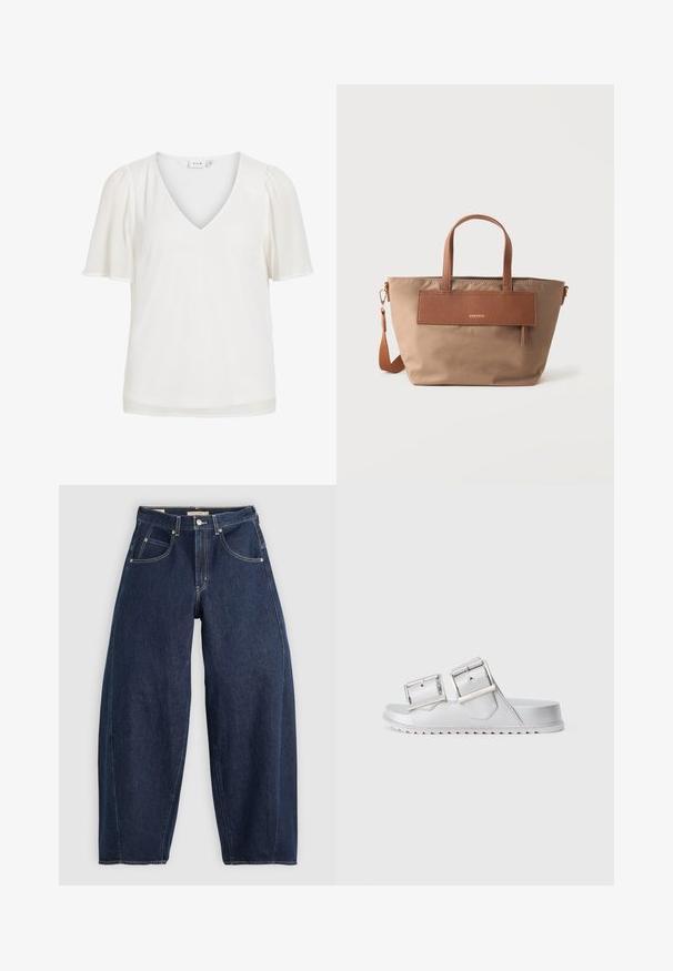 Hvid V-hals bluse med korte pufærmer lavet af letvægtsstof, med et enkelt og elegant design.; Mørkeblå denim jeans med løs pasform, lyse syninger, fem lommer og en knaplukning ved taljen.; Sølv sandaler med to brede justerbare stropper, tekstureret materiale og en flad sål med et zigzag-mønster på undersiden.; Mellemstor beige tote taske med brune læderhåndtag, forlomme og aftagelig skulderrem på hvid baggrund.