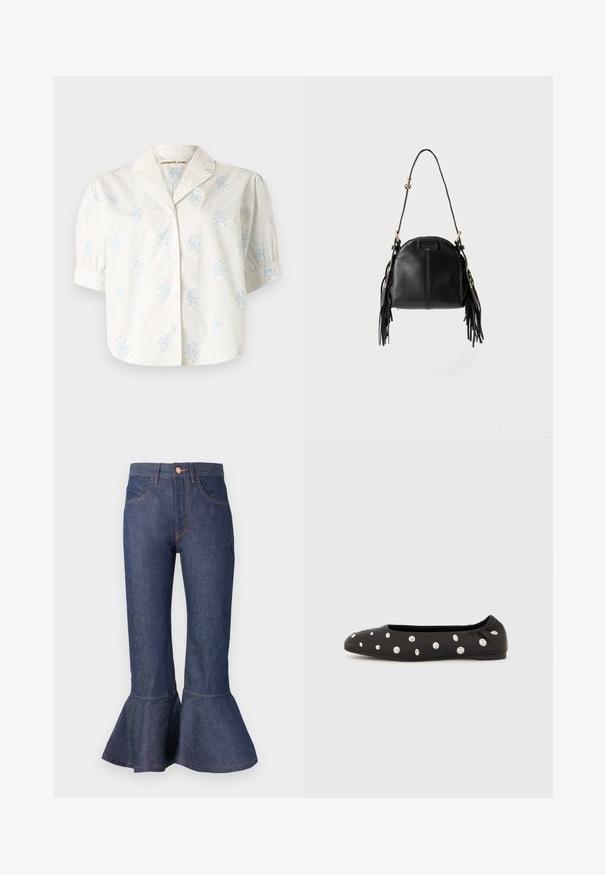 Witte korte mouwen blouse met blauwe bloemenprints, knoopsluiting aan de voorkant, opgeblazen mouwen en een ingesneden kraag met subtiele borduursels.; Donkerblauwe denim flared jeans met een gerimpelde zoom, vijf zakken en contrasterende oranje stiksels. Middenhoogte tailleband met een sluiting met een voorknop.; Zwarte ballerina met elastische achterkant en verspreide grote zilveren ronde studs op de bovenzijde, in profiel weergegeven tegen een witte achtergrond.; Zwarte leren handtas met een gebogen vorm, lange verstelbare band en franjes aan beide zijden tegen een lichte achtergrond.