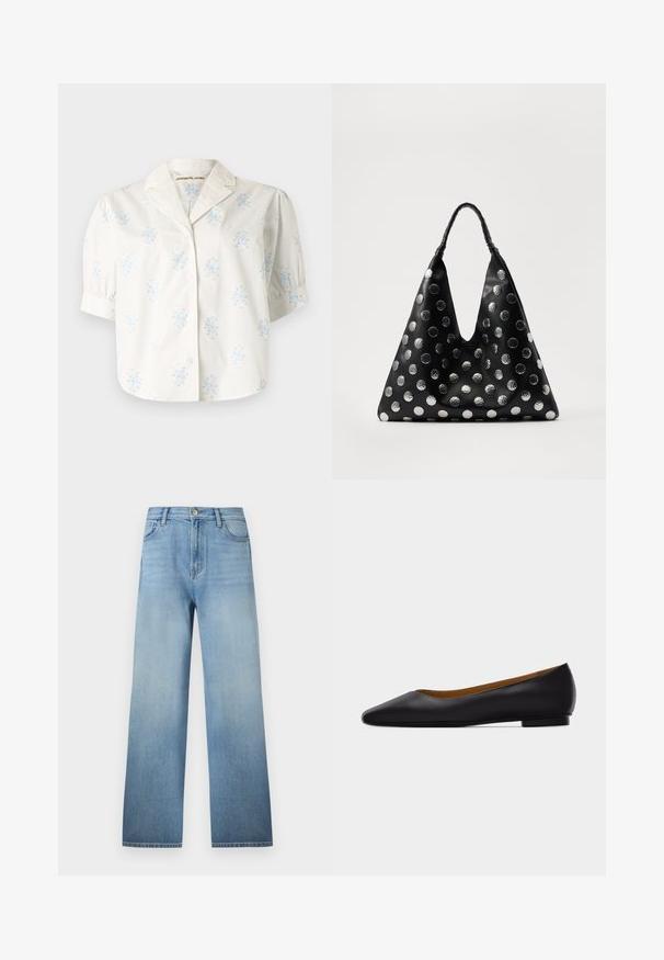 Blouse blanche à manches courtes avec imprimés floraux bleus, devant boutonné, manches bouffantes et col cranté avec une broderie subtile.; Jean bleu clair coupe droite avec design à cinq poches, passants pour ceinture, fermeture par bouton, et un léger délavage de la taille à l'ourlet.; Chaussure plate en cuir noir à bout pointu avec talon bas et finition lisse, vue de côté sur un fond gris clair.; Sac en cuir noir de forme triangulaire, doté de pois métalliques argentés et d'une poignée texturée. Fini lisse dans l'ensemble.