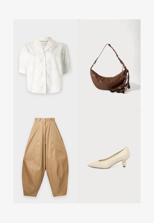 Blouse blanche à manches courtes avec imprimés floraux bleus, devant boutonné, manches bouffantes et col cranté avec une broderie subtile.; Pantalons beiges taille haute, jambes larges avec des plis, passants de ceinture et ourlets fuselés, présentés sur un fond blanc.; Chaussure femme couleur crème à bout pointu avec un petit talon rond en forme de boule, sur fond uni.; Sac à bandoulière en cuir marron en forme de croissant avec une fermeture éclair dorée et plusieurs pampilles en cuir suspendues à la sangle sur fond blanc.