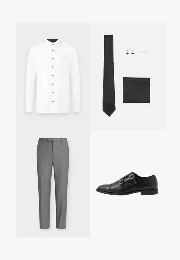 Chemise blanche à manches longues avec un col standard. Présentant des boutons bleu marine et un col intérieur contrastant. Tissu en coton lisse.; Pantalon habillé gris slim fit avec un motif à carreaux subtil, passants de ceinture et une coupe plate à l'avant sur fond blanc uni.; Chaussure monk strap en cuir noir avec deux boucles en argent, design à bout capteur, bout rond et semelle en caoutchouc de profil bas. Texture lisse, silhouette élégante.; Cravate en soie noire, pochette en soie noire et boutons de manchette dorés avec des accents noirs circulaires, disposés sur un fond blanc.