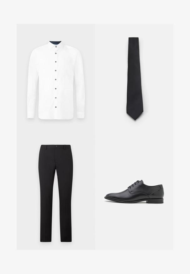Chemise blanche à manches longues avec un col standard. Présentant des boutons bleu marine et un col intérieur contrastant. Tissu en coton lisse.; Pantalon noir sur mesure avec une coupe droite, doté d'une fermeture à bouton et de passants pour ceinture. Confectionné dans un tissu lisse sans motifs apparents.; Chaussure habillée en cuir noir avec une texture lisse, nez pointu, petit talon et six œillets pour le laçage. Design simple sans embellissements.; Cravate noire étroite avec un motif en diagonale texturé et côtelé. Présente une pointe et une finition lisse. Convient aux tenues formelles.